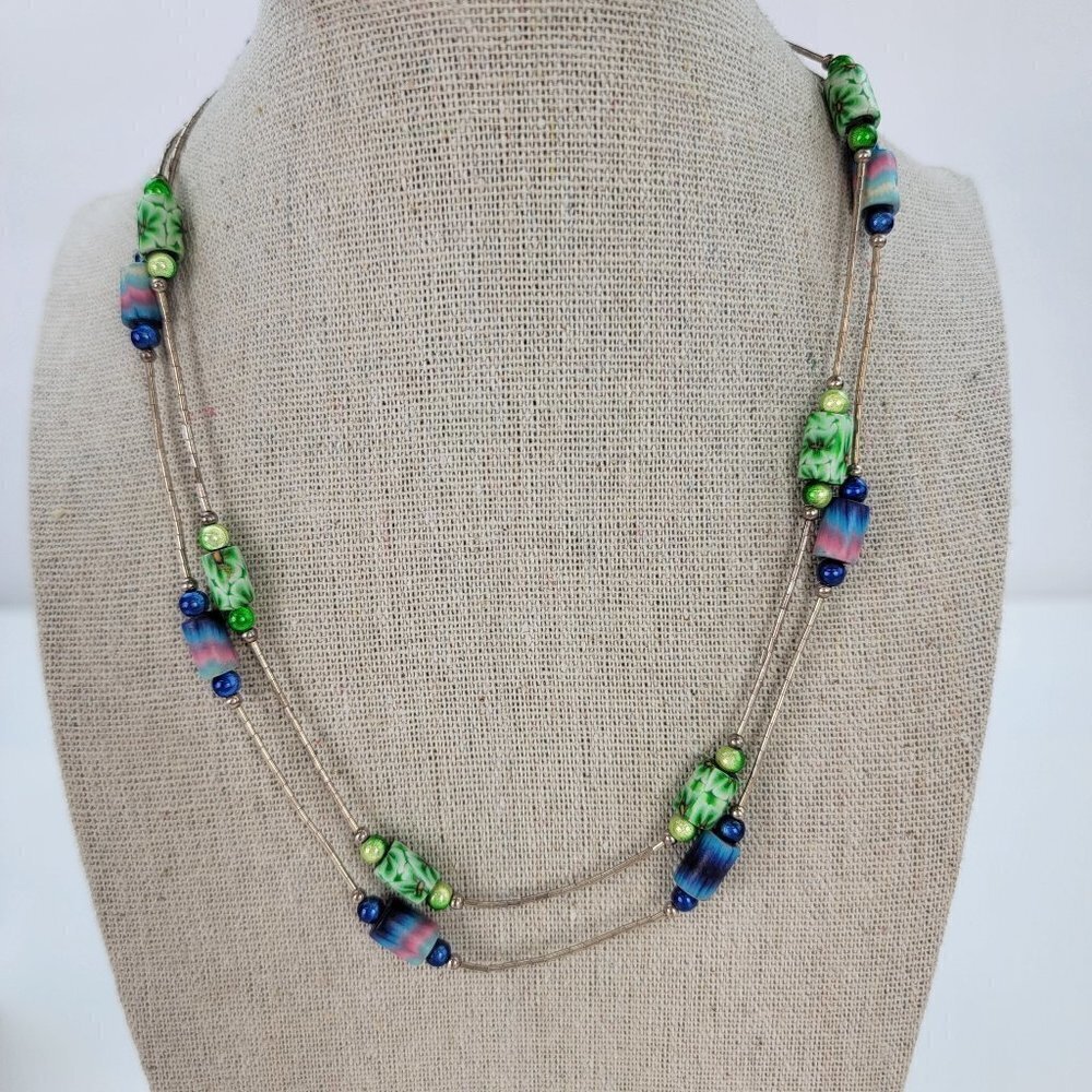 Vintage Sterling Silver Multi Color Synthetic Bead Charm Necklace  17" Set Of 2